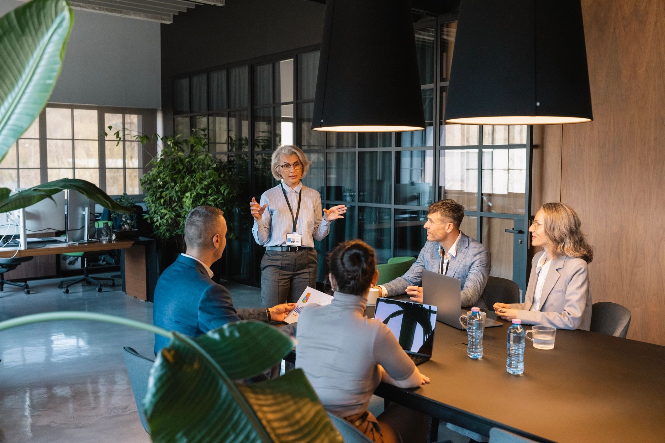 Team discussing a business strategy presentation