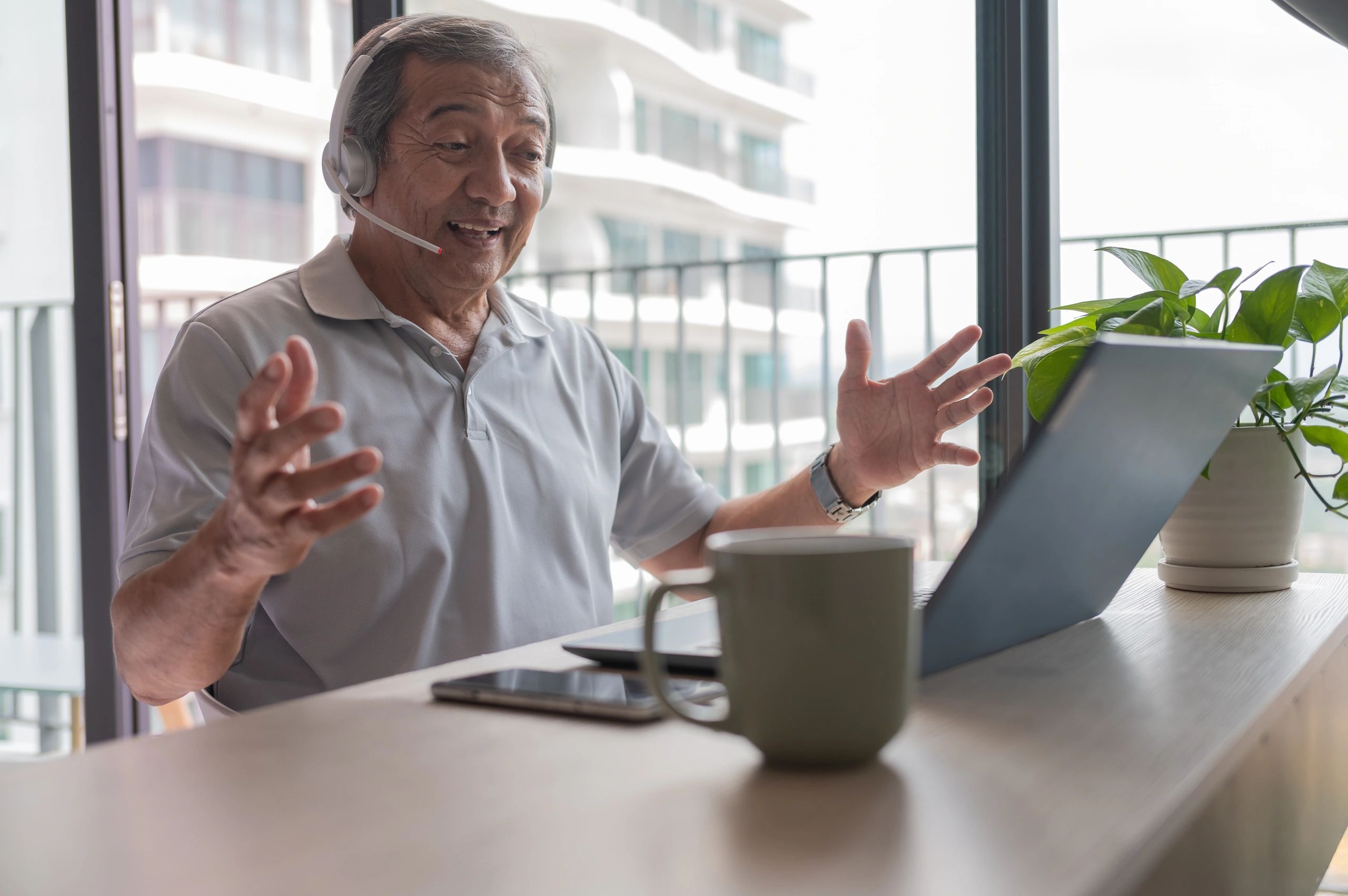 Professional using a headset during a video call
